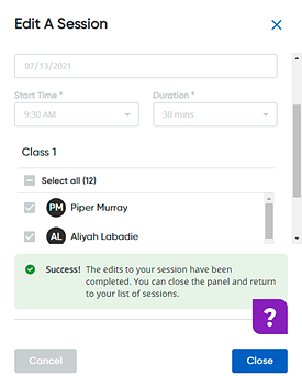 Edit A Session dialog box showing edits completed