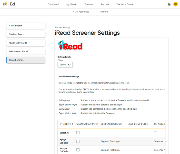 iRead Screener settings page