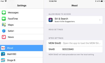 iRead Settings menu