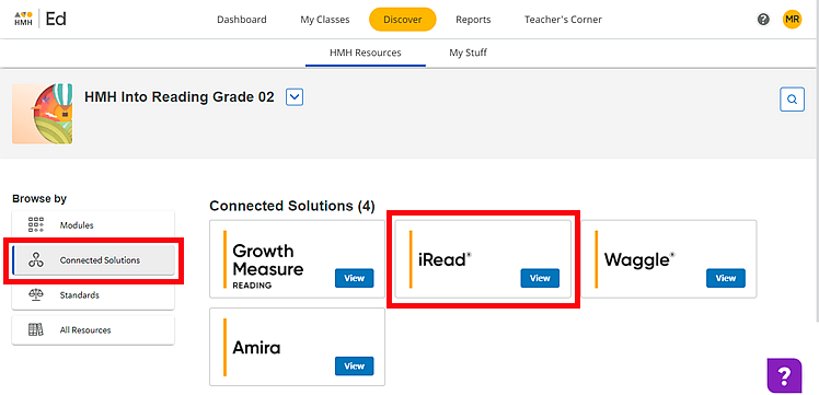 Connected Solutions page with iRead card highlighted